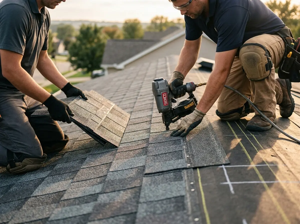 Professional roofer working on a residential roof in Rockwall